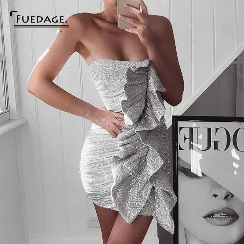 Женское мини платье без бретелей Fuedage серебристое облегающее с рюшами открытой