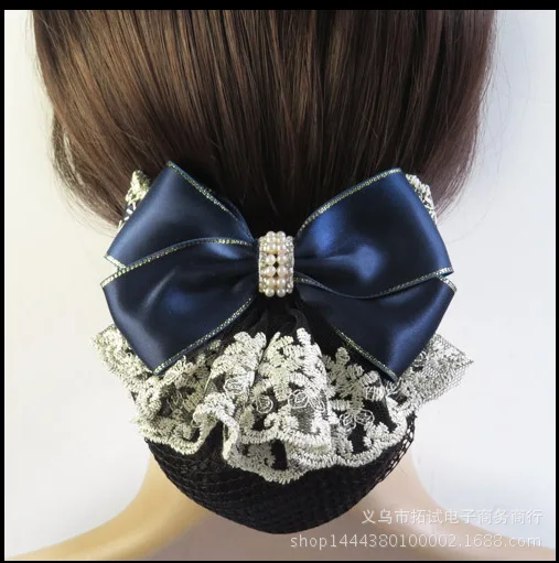 

High-end Korean bow hair net bag hair accessory stewardess bank nurse hotel professional head flower lace ribbon handmade FS029