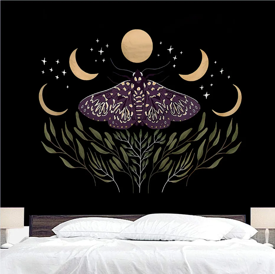 

Black Tapestry Wall Hanging Moon Botanical Celestial Floral Hippie Flower Wall Carpets Dorm Decor Starry Sky Carpet