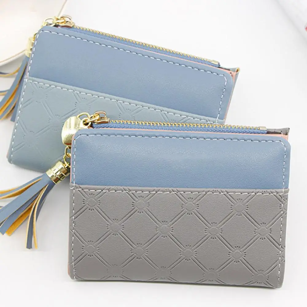 

Women Wallet Color Block Tassel Zipper Short Wallet Faux Leather Coin Purse Photo Card Cash Holder