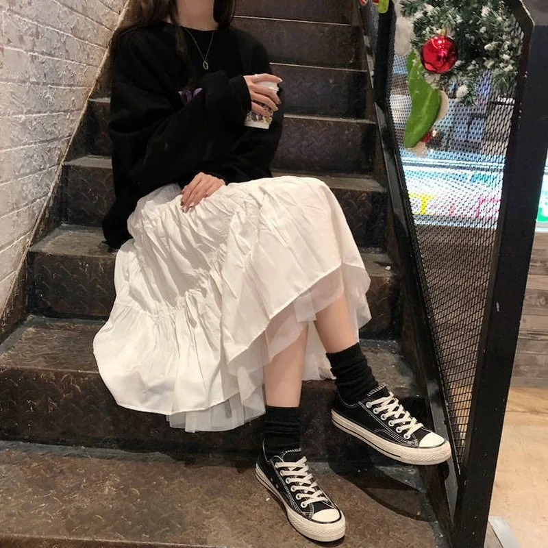 

Skirts Women Mid-calf Ruffles Chic 2-layers All-match Mesh A-line Elegant Sweet Korean Style Fashion Womens Harajuku Faldas Ins