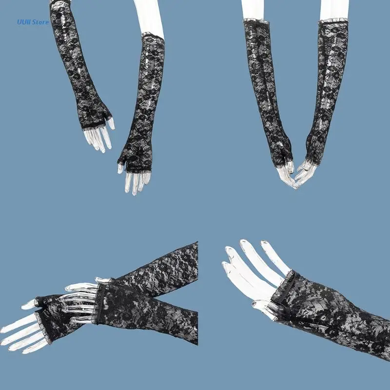 

Sun Protection Mesh Long Gloves Floral Lace Ruffles Driving Sleeves Arm Warmers XX9D