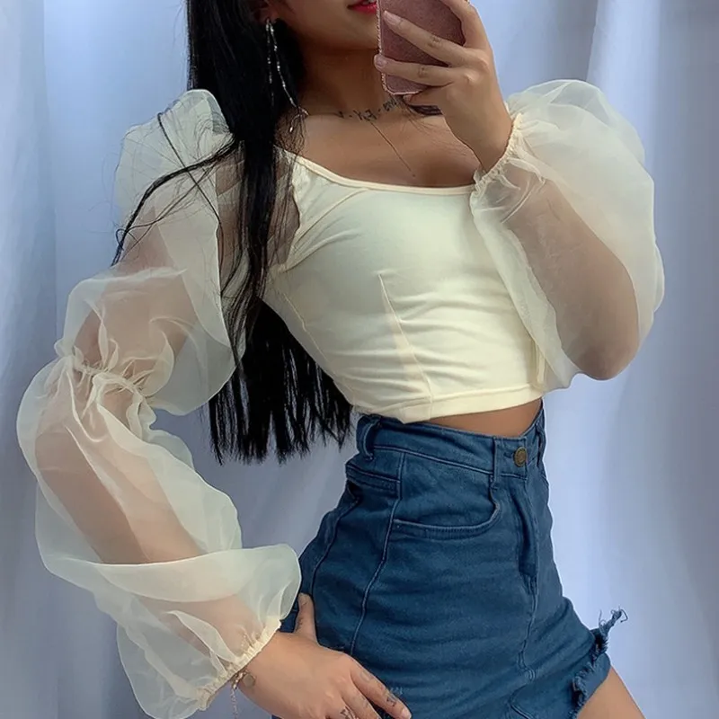 Fasgion Female T-shirt Vintage T Shirt Women Solid Color Mesh Stitching Short Streetwear Tops Long Sleeve | Женская одежда