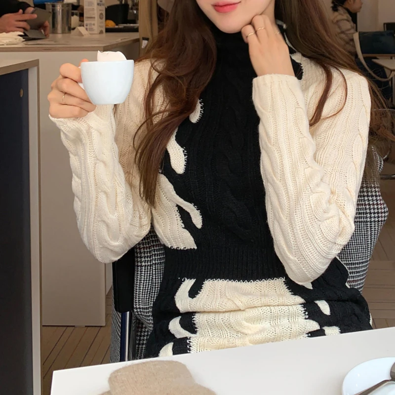 Flectit High Fashion Women Color Block Ribbed Knit Turtleneck Long Sweater Dress Sleeve Fall Winter Lady Outfit * | Женская одежда