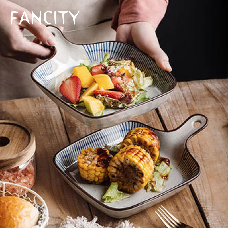 

Керамическая тарелка FANCITY в японском стиле для выпечки, креативная тарелка для макаронных изделий в западном стиле, с ручкой, посуда, тарелк...
