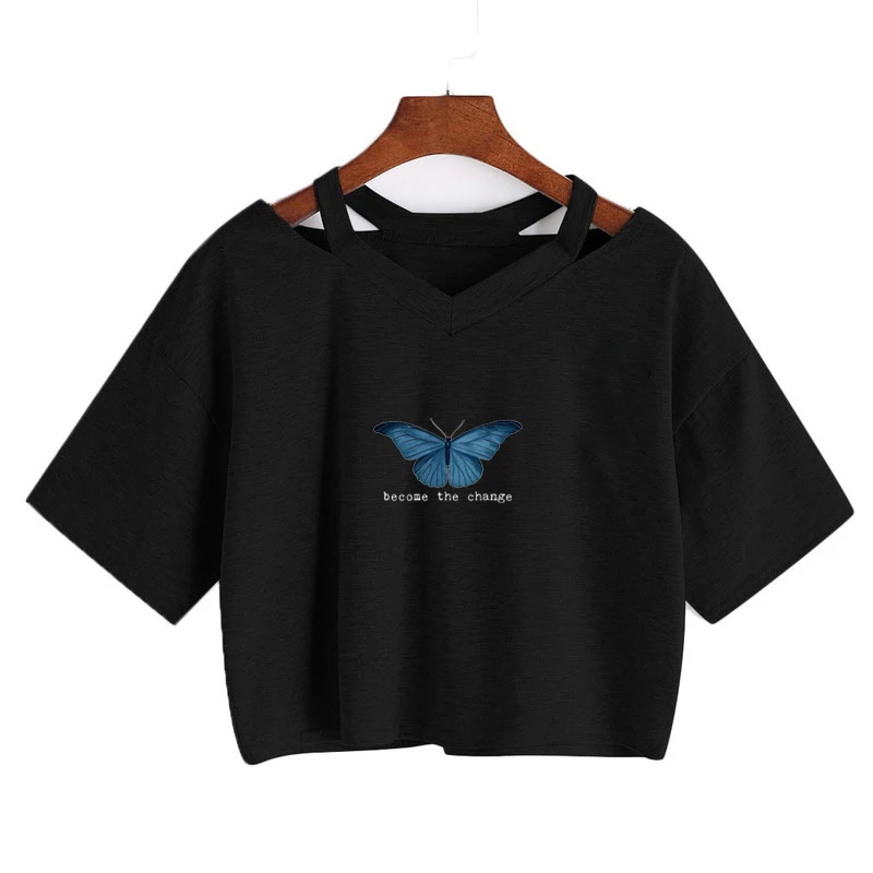 

High Street Fashion top Butterflies Cool Print T-Shirts Women Sexy Loose V-neck Crop Tops Gothic Vintage Short sleeve Short Tee
