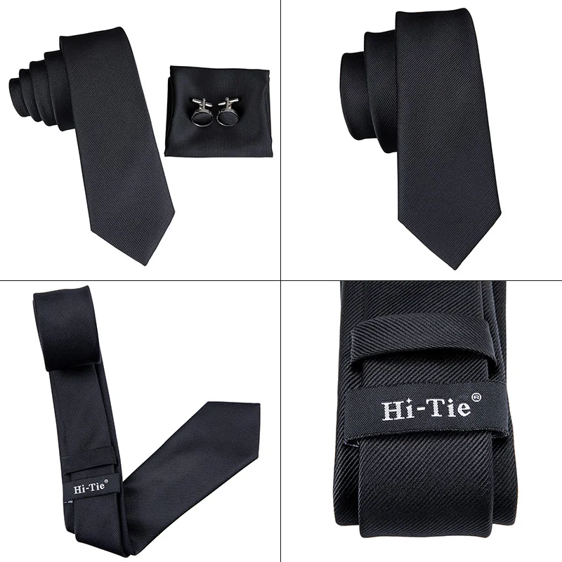 Hi-Tie 6 см тонкий галстук сплошной Шелковый тканый красный синий простой цвет галстук носовой платок запонки набор мужские вечерние свадебные Узкий Тонкий галстук на шею