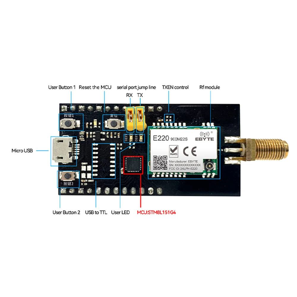 868MHz 915MHz Lora Test Board Development Evaluation Kit for E220-900M22S USB Interface With Antenna CDSENET E220-900MBL-01