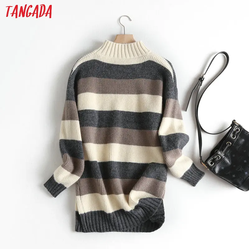 Tangada women stripe pattern oversize long jumper sweater atumn winter fashion long sleeve o neck pullovers tops BC58