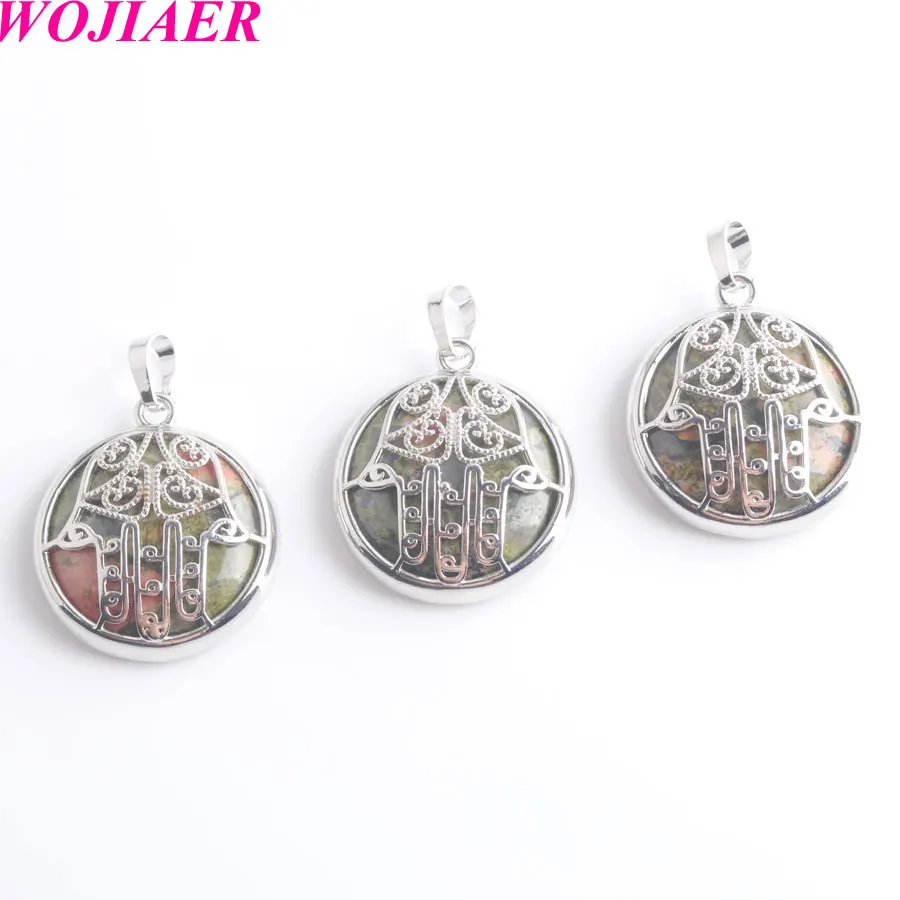 

WOJIAER Natural Stone Cabochon Crystal Pendants Unakite Jaspers Fatima Hamsa Hand Amulet Silver-color Charm Jewelry PW9010