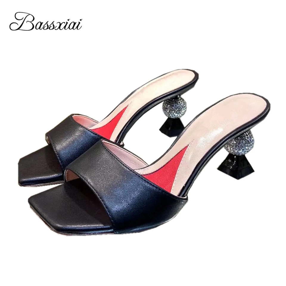 

Diamond Building Blocks Strange Heel Mules Lady Genuine Leather Concise Slip-on Lazyman Slingbacks Summer Sandals Women