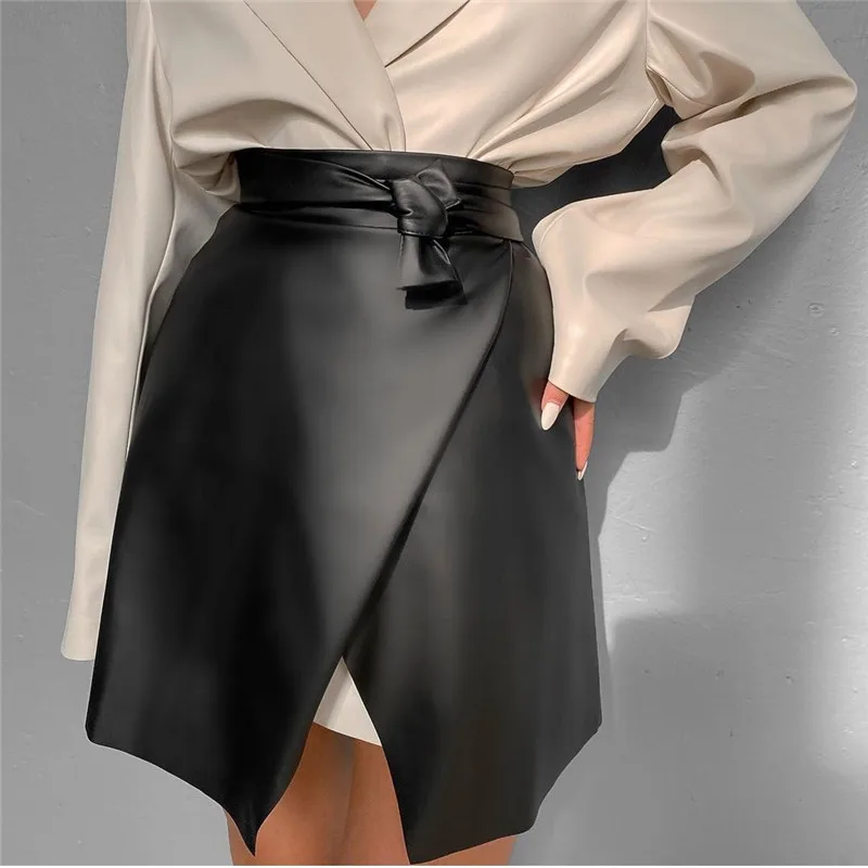 

Women's Sexy PU Leather high waist Midi Skirt High Waist Trim Solid Color Slit Bodycon Elegant Femme Pencil Black Skirt 2021