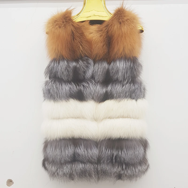 Natural Real Fox Fur  Women's High Quality Pelt Real Fur Coat Patchwork Red Silver Fox Vest Striped Thick Coats Vests