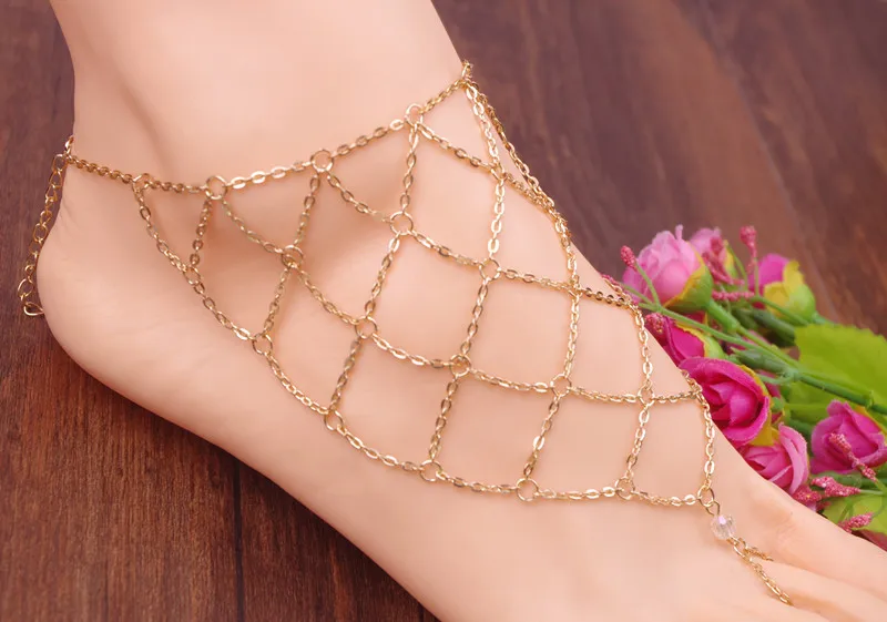 

2021 New Gold Metal Female Anklet Jewelry Fashion Exaggerated Diamond Mesh with Finger Anklet Foot Ornaments