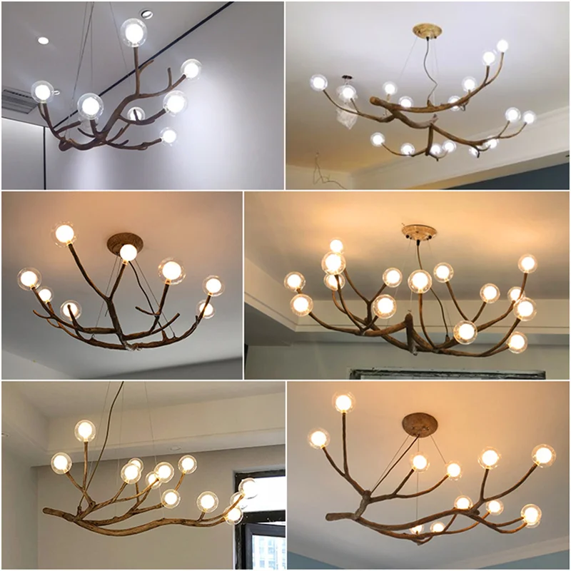 

Nordic Lamp Rustic Tree Branch Glass Bubble Chandelier Light Retro pendant for livingroom bedroom Decor Industrial Lamp fixture