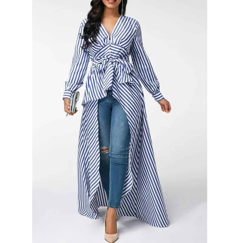 

Women Long Sleeve V Neck Striped Slim Waist Long Blouse Shirt Streetwear