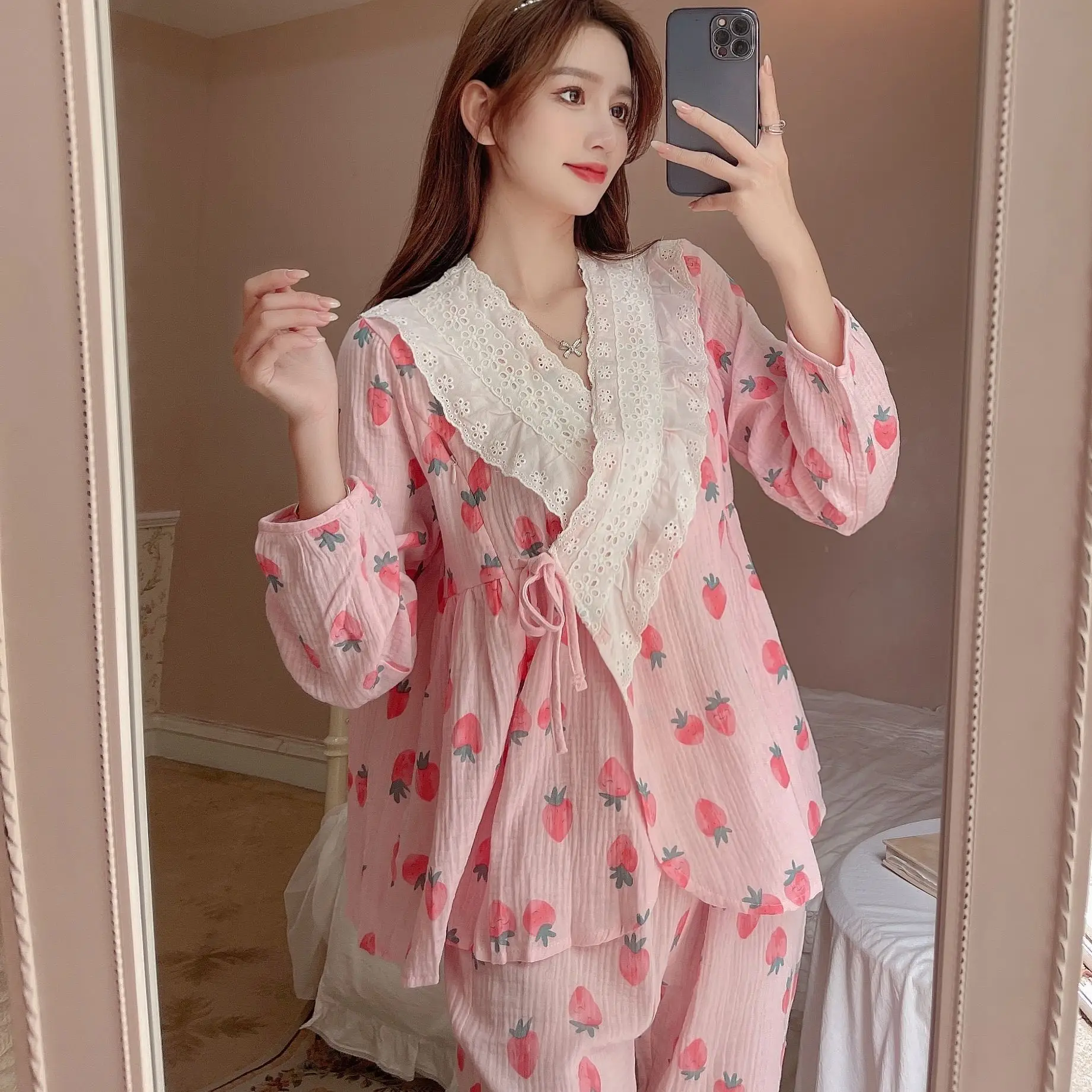 2021 беременных уход за матерью пижамный комплект с длинным рукавом и v образным