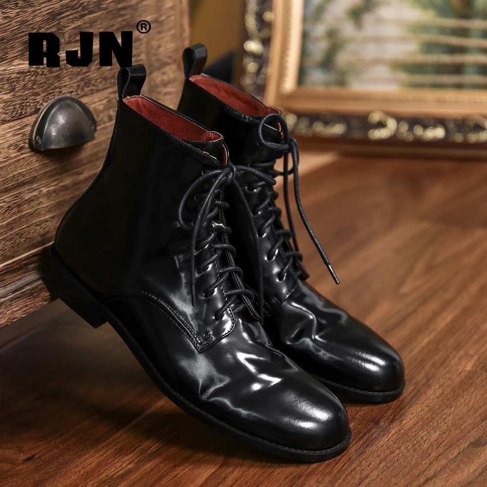 Online Sepatu Bot Pergelangan Kaki Berenda Bergaya RJN Sepatu Wanita Hak Rendah Ujung Bundar Kulit Asli Kualitas Tinggi Sepatu Bot Sol Luar Karet RO307
