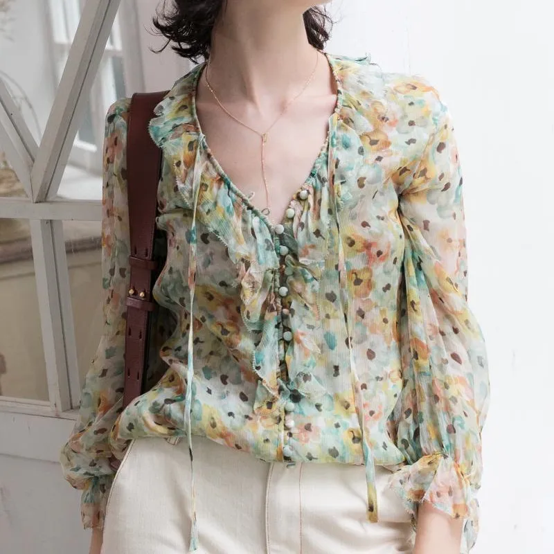 

100% Silk Print Women's V-necck Blouse Ladies Sexy Summer Soft Shirt Retro Casual Female Long Sleeve Buckle Blouses And Tops