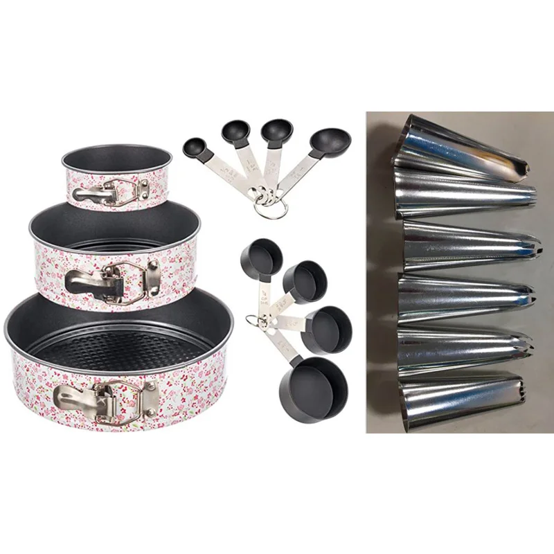 

Three sizes of cake molds (12/18/22cm), four measuring cups, four measuring spoons, and 6 decorating nozzlesA