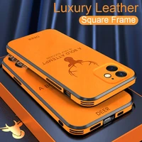 luxury leather texture square frame case for iphone 12 11 pro max mini x xr xs camera protection deer shockproof phone cover