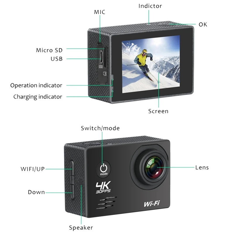 Action Camera HD 4K/60Fps Wifi 16MP 2.0 LCD 170D Lens Helmet 30M Go Waterproof Pro Sports Video Camcorder | Электроника