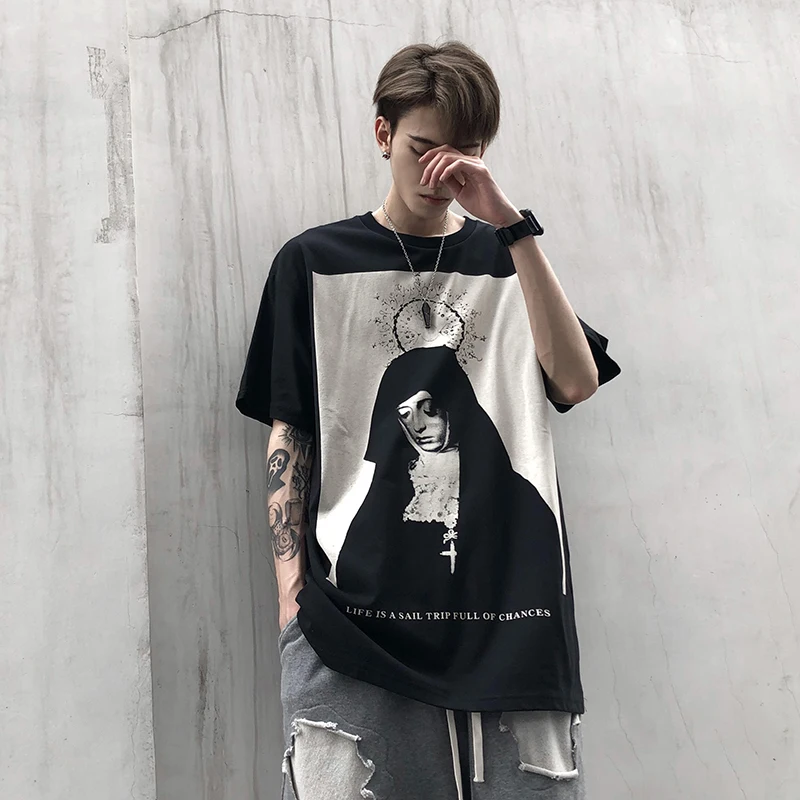 New high street godmother print short sleeve t-shirts men's fashion brand dark black loose 5 / 5 sleeve TEES