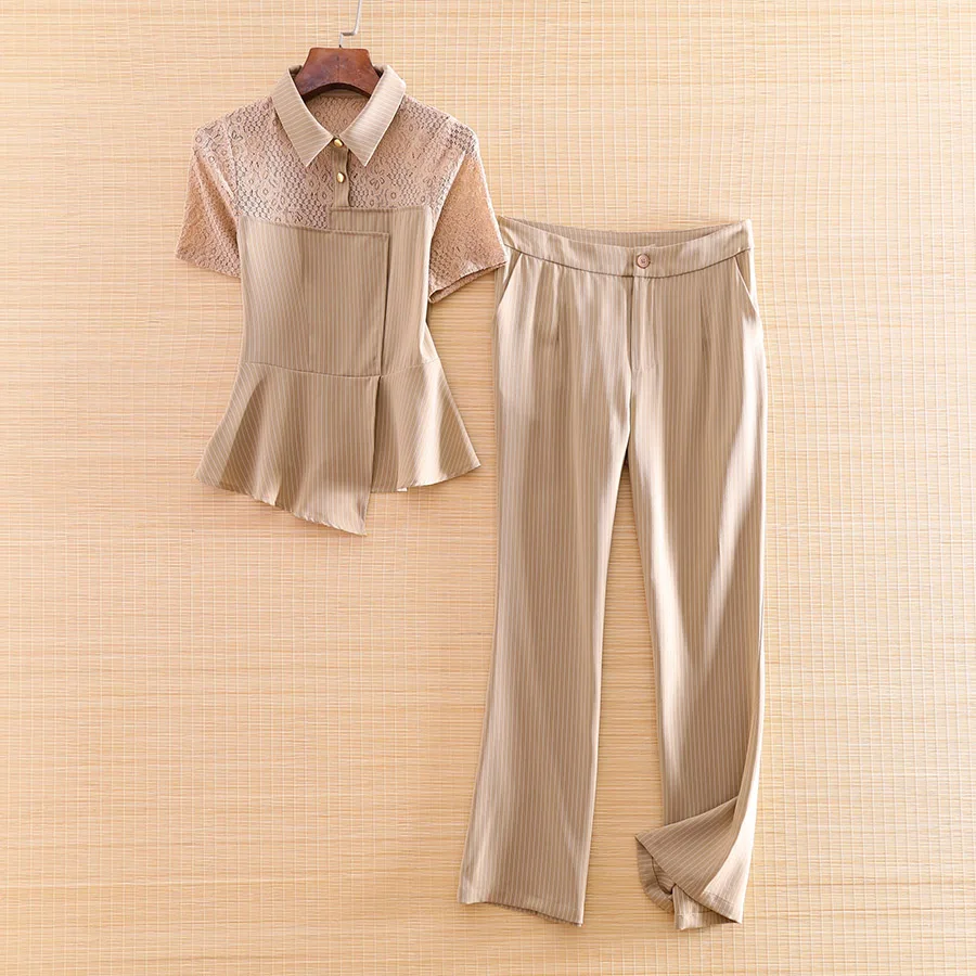 

High-end Spring Summer Fashion Women 2 Pieces Stitching Lace Set Shirt Top + Micro Stripe Trousers Elegant Lady Suit S-XL