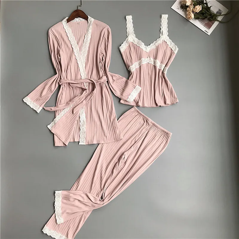 Осенне зимние женские хлопковые Пижамные комплекты из 3 предметов сексуальный