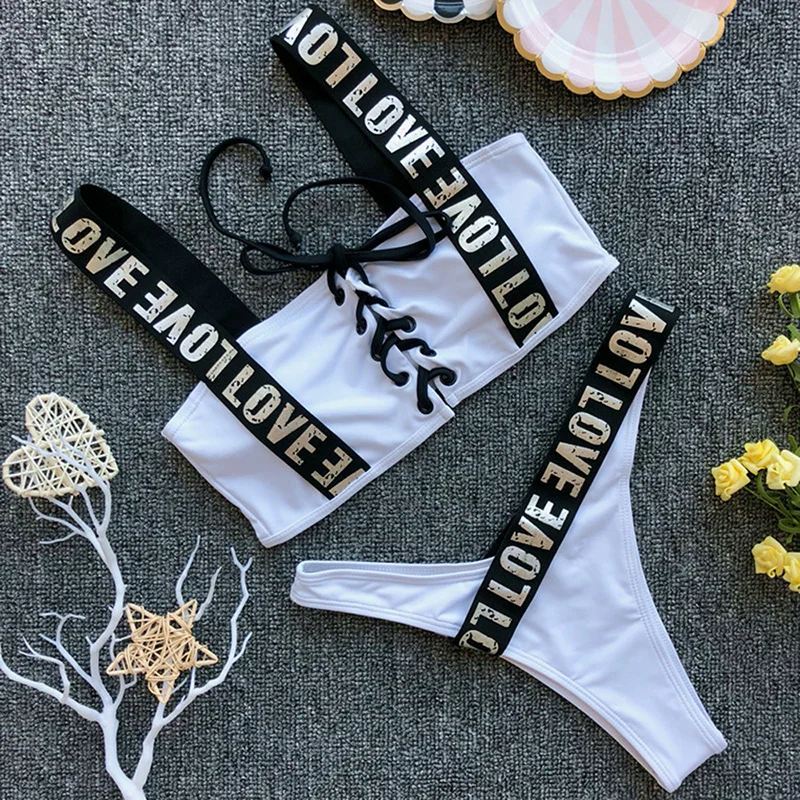 Сексуальное бикини на шнуровке с буквенным принтом женский купальный костюм