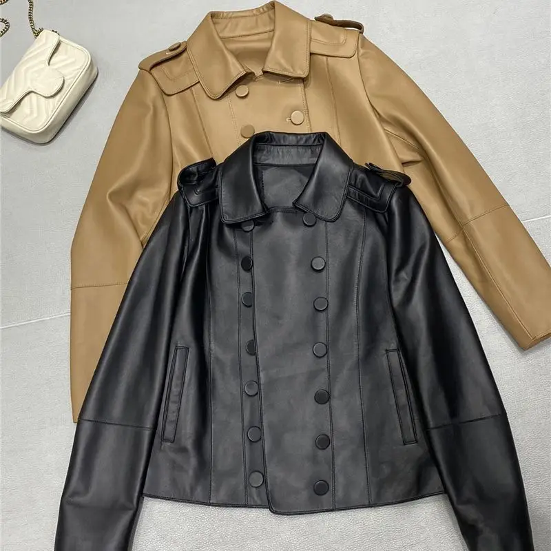 2022 new women sheepskin real leather jacket black camel Double-breasted Genuine Leather Coat for Women