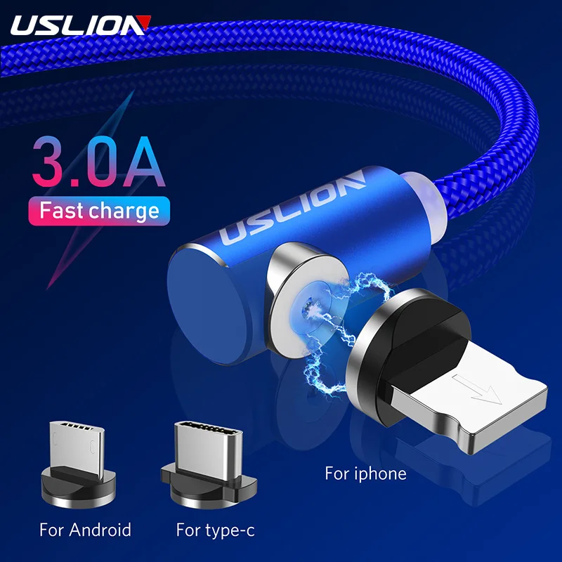 Магнитный кабель USLION 2 м с разъемом Type C Micro USB для iPhone X XR 8 7 Samsung S10 Huawei магнитный