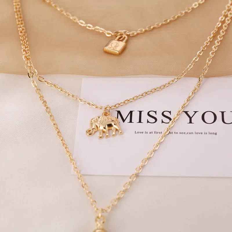 Винтажное многослойное жемчужное ожерелье с красным перцем и замком в виде слона