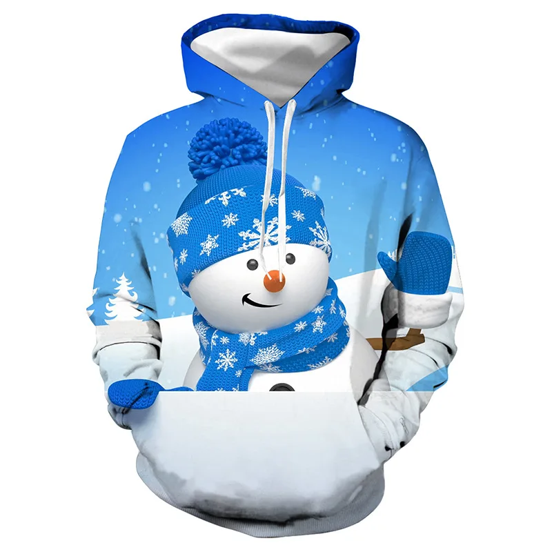 

Unisex Blue Snowman Christmas 3D Digital Print Loose Hooded Sweater Pullover Women Men Xmas New Year Baseball Sweatshirt Hoodie