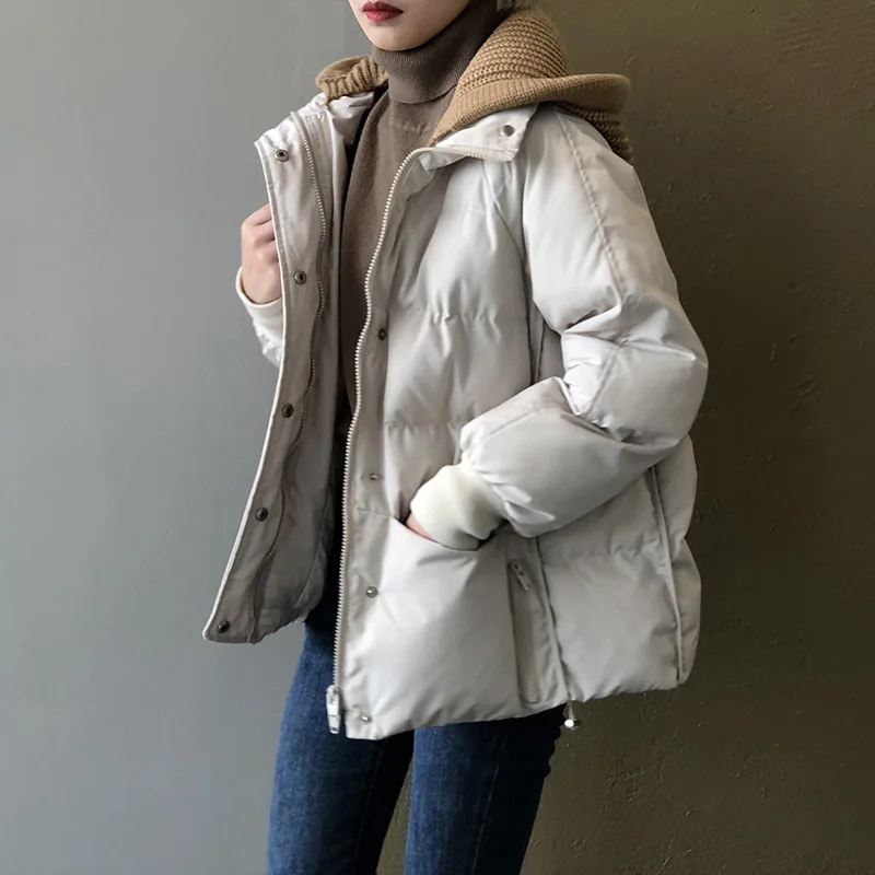 

Wool hooded cotton short jacket autumn and winter Korean version of pure color loose bread hooded down jacket women's jacket