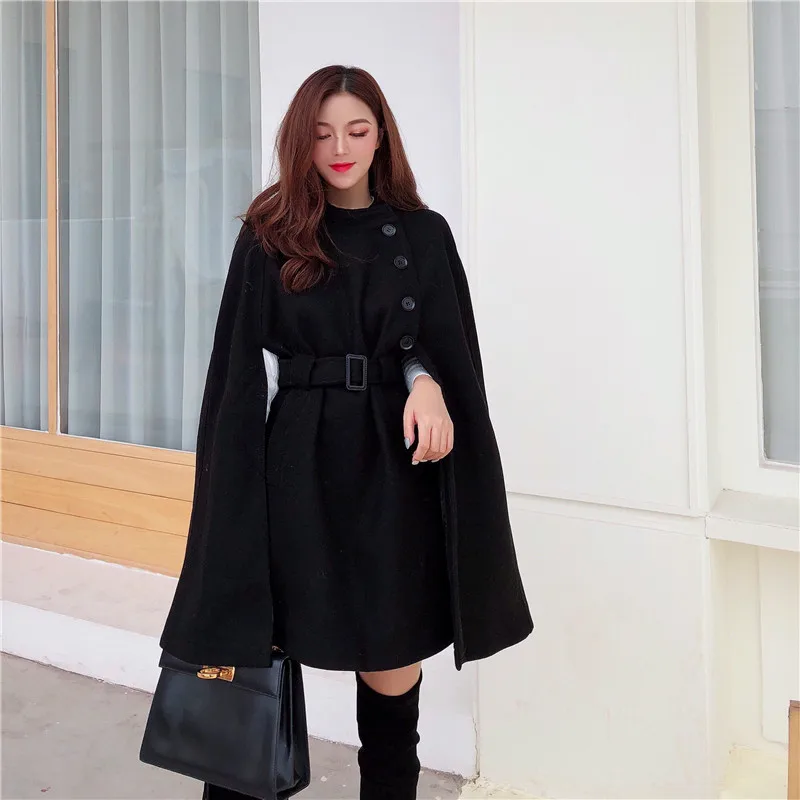 

2021 Autumn High Quality Woolen Cloth Shawl Cape Poncho With Belt Women Mid-length Korean Sleeveless Plus Size Ladies Cape Coats