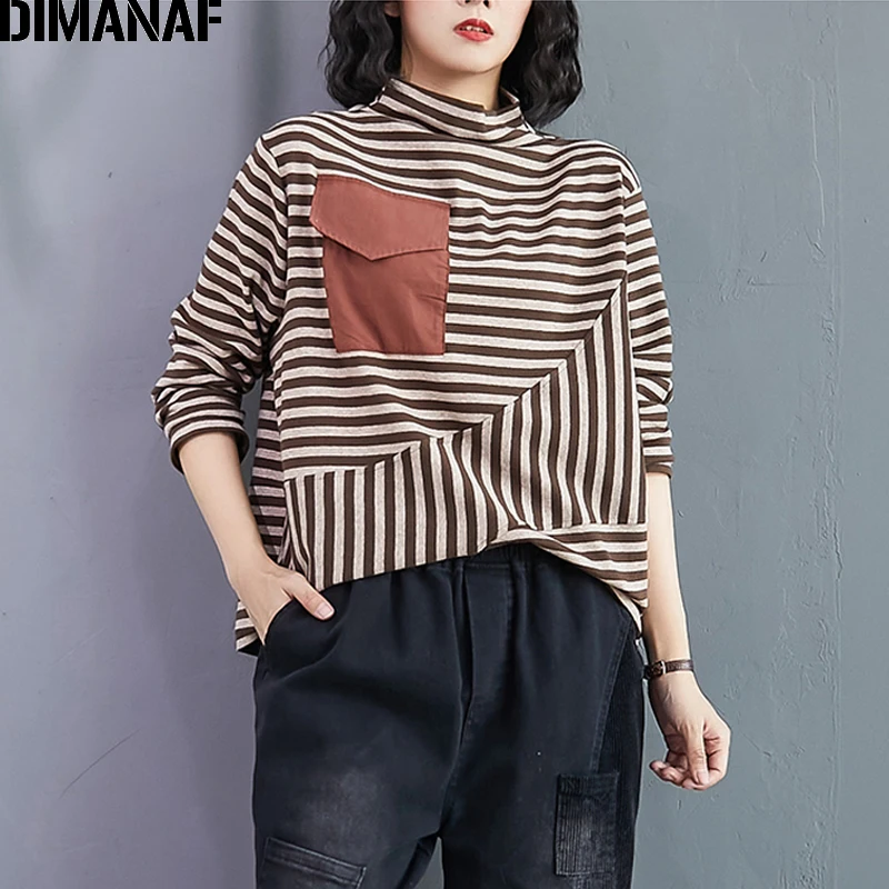 

FAKUNTN Women T-Shirt Long Sleeve Tops Tunic Tees Striped Print Cotton Loose Autumn Winter tshirt Women Clothing M-2XLOversize