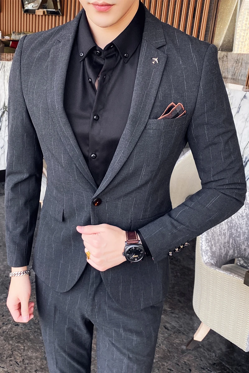Men's business Suit korean slim Blazers Trousers stripe One Button New dress Asian size high quality man wedding suit | Мужская