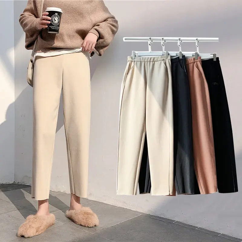 

Осенне-зимние шерстяные брюки для женщин шаровары Повседневные с эластичным поясом однотонные абрикосовые женские брюки в Корейском стиле