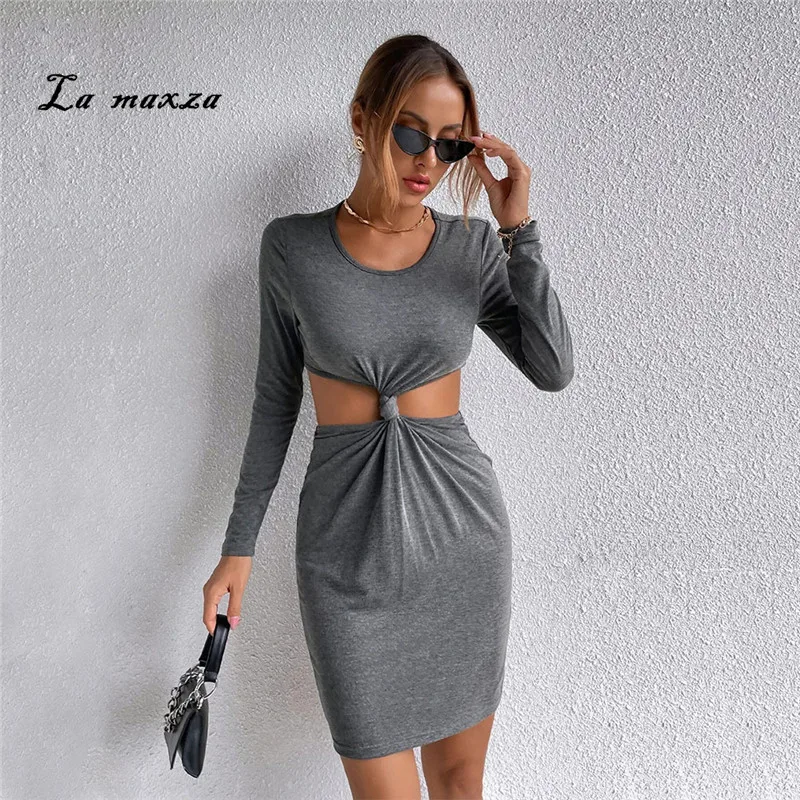 

Plus Size Hollow Out Long Sleeve Sexy Dress Summer 2022 Bodycon Casual Fashion Mini Women Dress