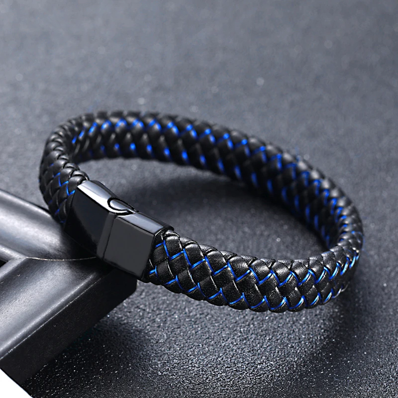 Black Blue Панк Для мужчин ювелирные изделия черный/коричневый/красный плетеный кожаный браслет на магнитной застежке Модные браслеты Restoring ancient ways пара - Окраска металла: Black Blue