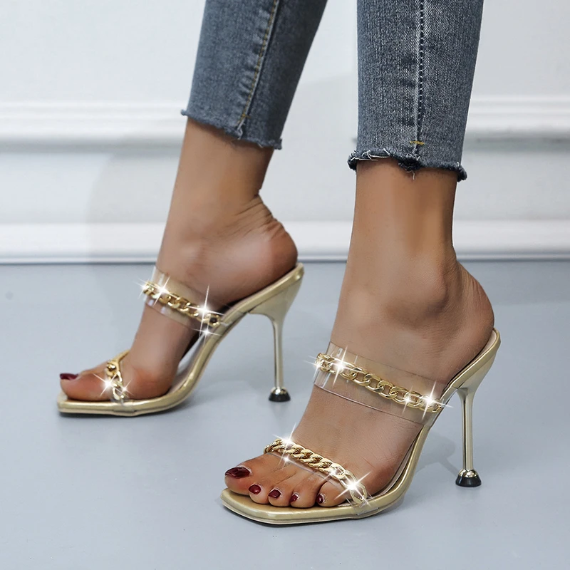 

Women's Sandals 2021 Summer New Women's Slippers Large Size High Heels Metal Chain Thin Heel Square Sandals Women's PU Material