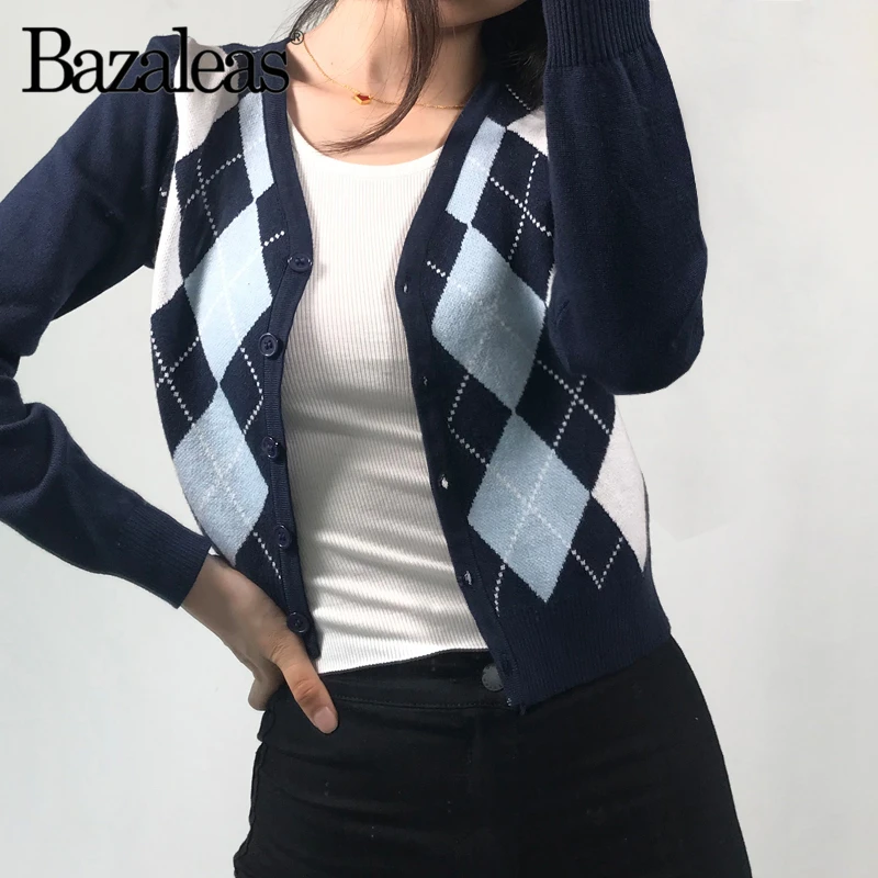 Bazaleas Harajuku пуговицы вязаные карфиганы винтажные клетчатые Лоскутные Хлопковые