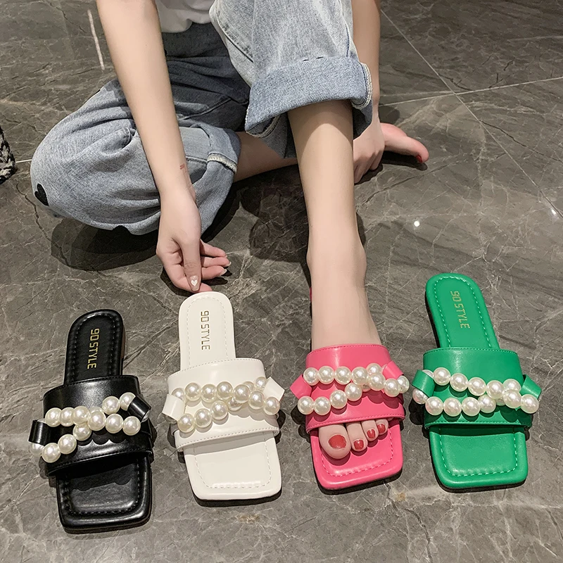 

Shoes Slippers Casual Slipers Women Slides Candy Colors Low String Bead Luxury Flat 2021 Summer PU Basic Rubber Flat Shoes Femal