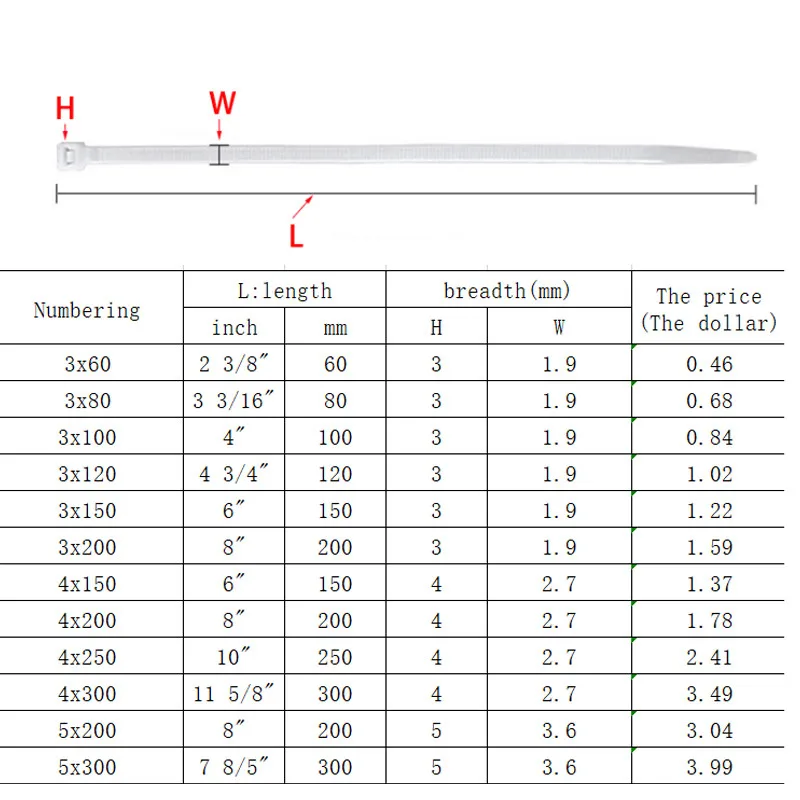 Самоблокирующиеся пластиковые нейлоновые стяжки 100 шт. черно белые кабельные