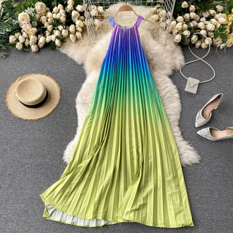 

Holiday Traveler Shoot Net Red Temperament Dress Round Neck Hanging Neck Rainbow Color Gradient Fold Loose Thin Fairy Dresses