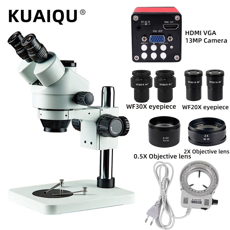 

KUAIQU Industrial Trinocular Stereo Microscope Magnification Continuous Zoom 7X-45X 3.5X 90X 180X 270X With HDMI VGA Camera Sets