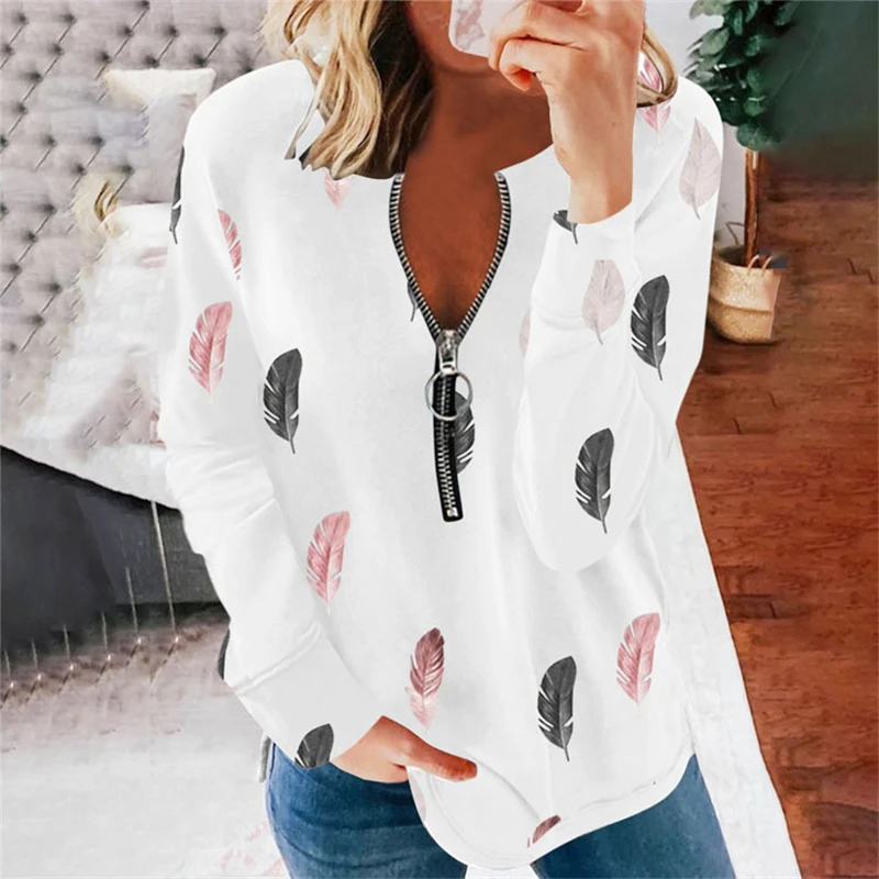 

Feather Gradient Print Tops Women 2021 New Autumn Clothes Fashion Casual Zipper Long Sleeve Hoodies Female Pullover Sweatshirts