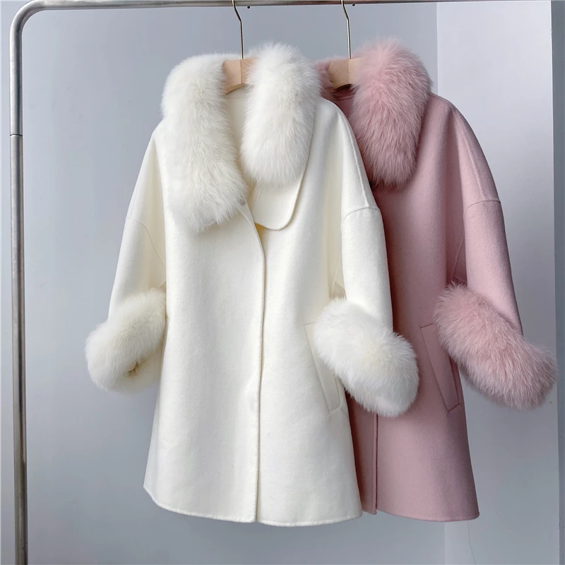 

Real Wool Cashmere Blend Winter Coat For Women Oversized Batwing Sleeve Loose Cloak Outerwear Women's Real Fox Fur Collar Coats