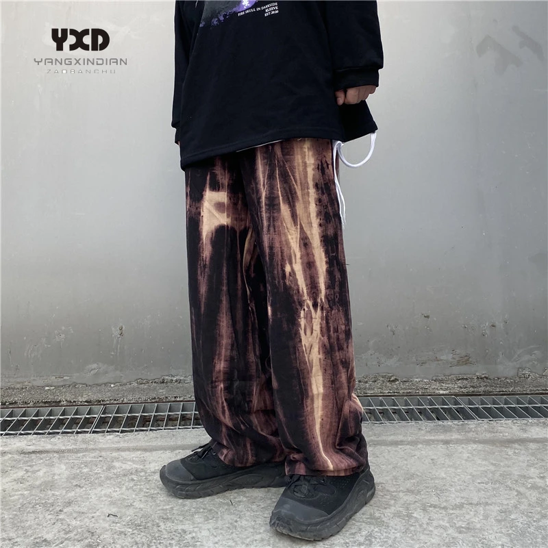 

men clothing tie dyed cotton linen trousers man gradient streetwear hip hop pants mens fashion loose casual pants track pants